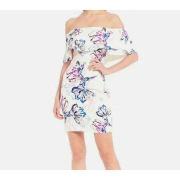 Badgley Mischka Dresses & Skirts - Badgley Mischka Floral Off Shoulder Formal Evening Dress Layered Sheath Mini 4